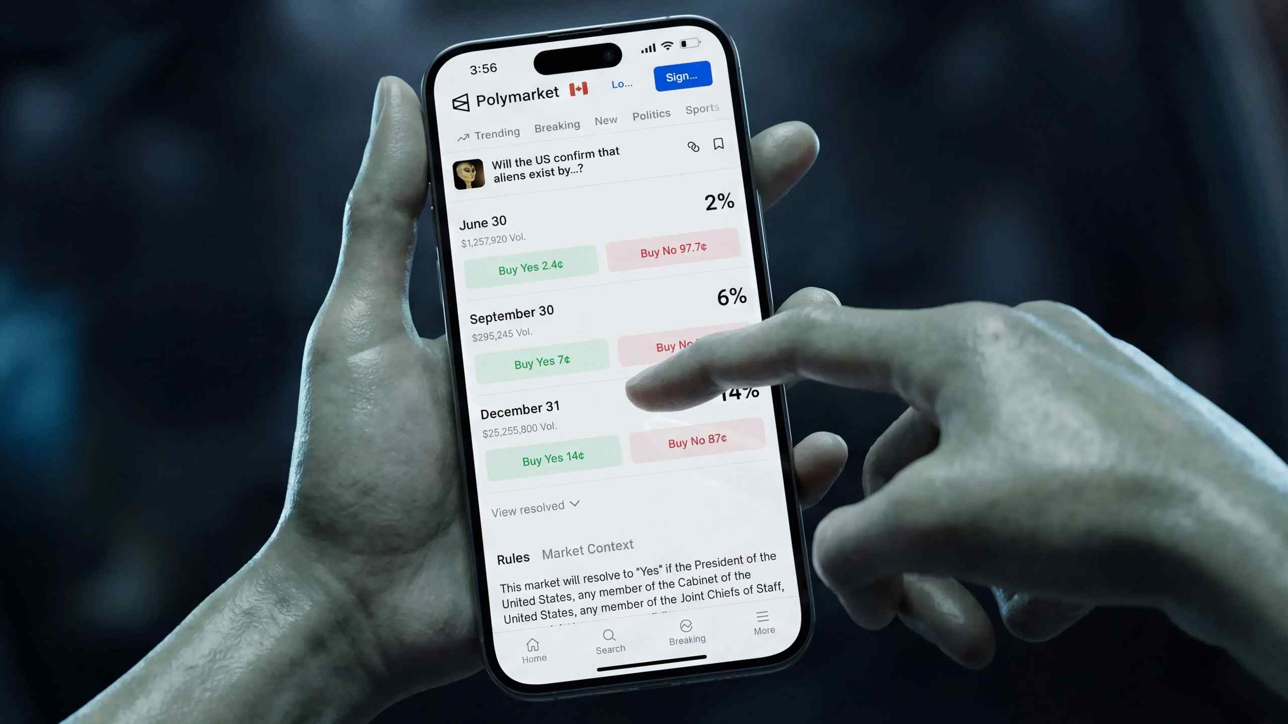 Polymarket odds on a smart phone.